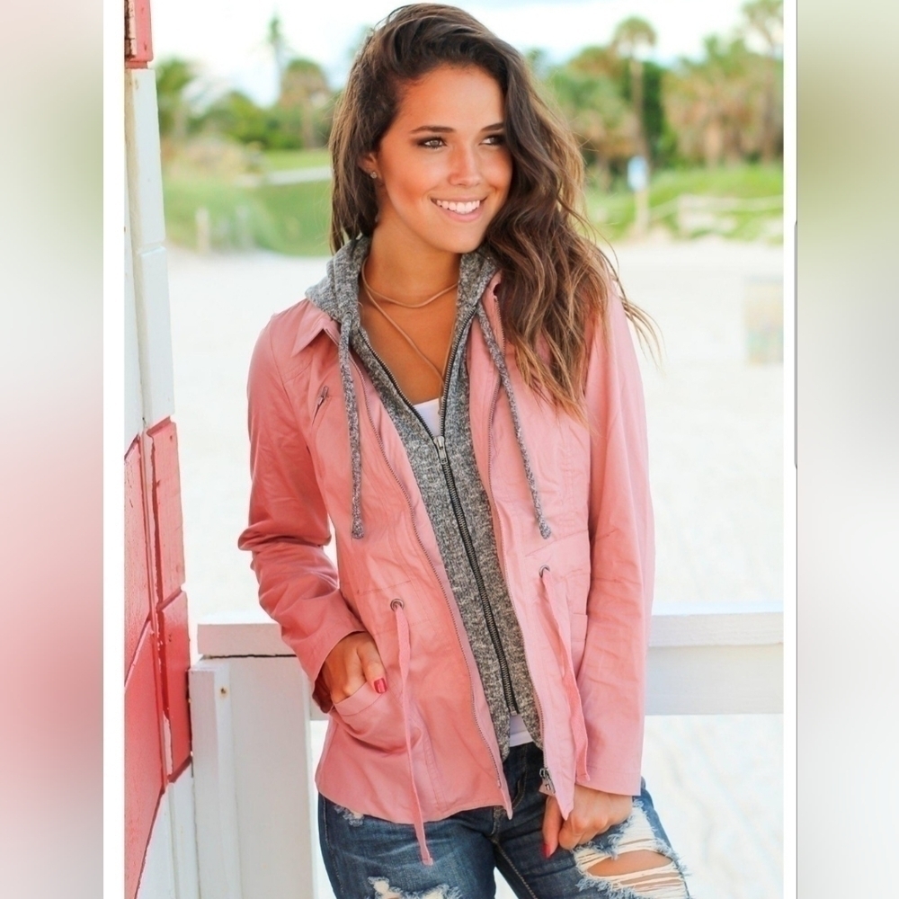 Love Tree Zip Up Layered Sweatshirt Jacket in Mauve with Hood